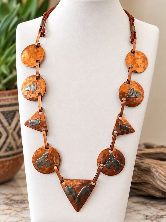 Vintage Jewelry - Vintage Southwestern Artisan Copper Silver Tone Leather Statement Necklace